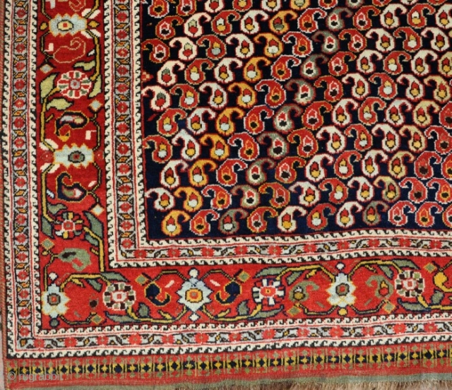 A very fine Khamseh rug with super saturated dyes and playfull boteh design. Near perfect condition. Circa 1880.               