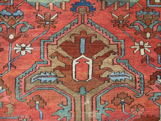 A good Heriz carpet in decent, original condition with very decorative colors. late 19th century. 12'3 x 10'1.               