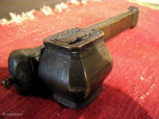 Ottoman period, beautifully patinated bronze or brass scribe's pencase (divit), with large inkwell and interesting decorations, including an elegant tulip with tughra and star of David.       