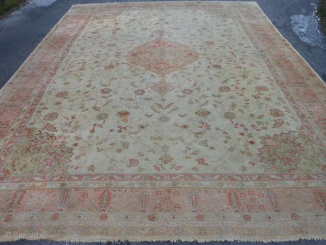 Turkish Oushak, 11-2 x 14-4 (3.40 x 4.37), circa 1910, good condition, original ends and edges, good pile, slight wear, few old repairs, ends old overcasting, needs dusting and wash.   