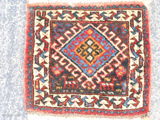 Persian Qashqai Chanteh bag face, 6" x 6" (.15 x .15), early 20th century, very good condition, 2 small animals, thick soft wool.          