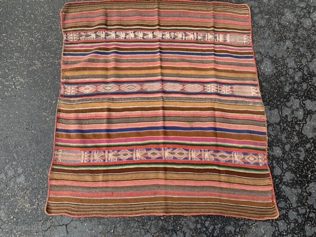 Peru/Ecuador kilim, early to mid 20th century, 3 x 3-3 (91 x 99), very good condition, could use wash, closed tapestry with soumac bands, wool, reversible, plus shipping.     