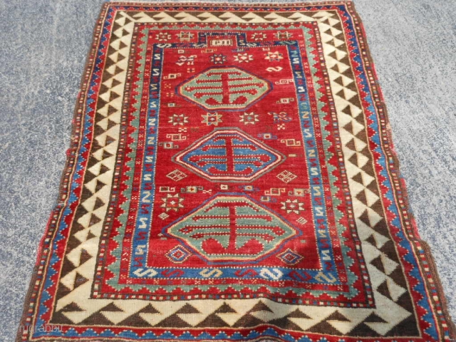 Caucasian Kazak Prayer Rug, 3-1 x 4-4, good even pile, some slight wear, good colors, late 19th century,original edges, bottom missing barber pole guard border,rug is dated, ends have been overcast, I  ...
