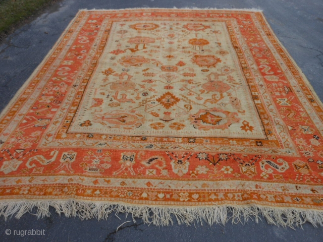 Turkish Oushak, late 19th century, 9-1 x 10-11 (2.77 x 3.33), good condition, original ends and edges, great colors, rug is clean, good pile, some wear, wool foundation, some old small repairs,  ...