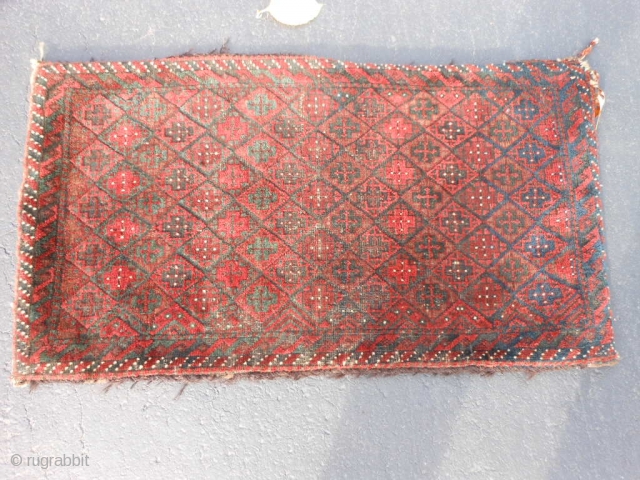 Persian Baluch Balisht bag, late 19th century, 1-6 x 2-9 (.46 x .84), good condition, 3 shades of red, blacks and browns oxidized, cruciforms, rug was washed, plus shipping.    