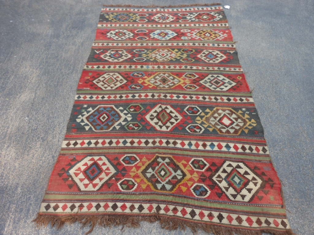 Caucasian Shirvan Kilim, 4-10 x 8-11 (1.47 x 2.72), late 19th century, original ends, good colors, slit tapestry weave, browns oxidized a lot, edges need work,       