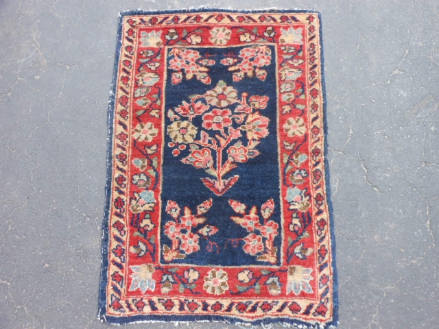 Persian Mohajeran Sarouk, early 20th century, 1-4 x 1-11 (.41 x .58), good pile, original edges and ends, ends overcast, rug was washed, fine weave, one end starting to pull apart (second  ...