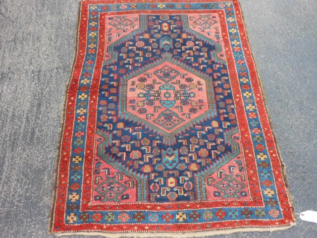 Persian Hamadan, 3-7 x 4-9 (1.09 x 1.45), early 20th century, good condition, good pile, has original selvage both ends, edges need some wrapping, nice colors and design, I washed this rug. 