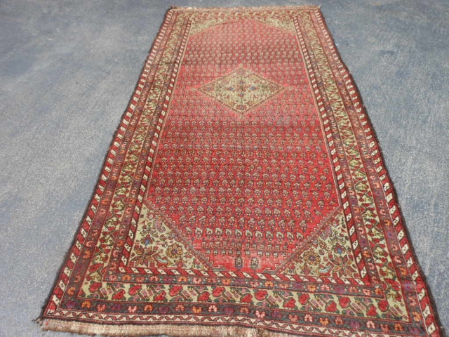Persian Kurdish Kelleh, 5-1 x 10-6 (1.55 x 3.20), circa 1900, Boteh's, even wear, wool warp and weft, original selvage both ends, 2 corners dog eared, I washed this rug, great purple  ...