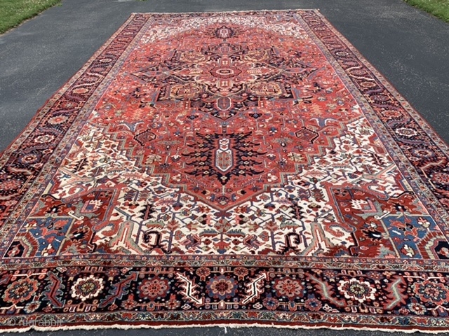 Persian Heriz, early 20th century, 11-8 x 20-8 (356 x 630), very good condition, full pile, original side bindings, original ends, rug was professionally washed, good crisp colors, high definition pics available,  ...