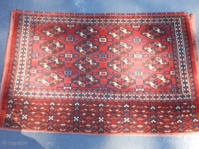  Yomud Chuval, early 20th century, 2-6 x 3-11 (.76 x 1.19), very good condition, full pile, rug was hand washed, fine weave, plus shipping.        