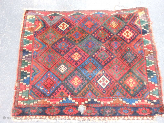 Persian Jaf Kurd bag, late 19th century, 2-6 x 3 (.76 x .91), saturated colors, good pile, rug was hand washed, one inch hole, 6 tiny holes, no rot, super purple, plus  ...