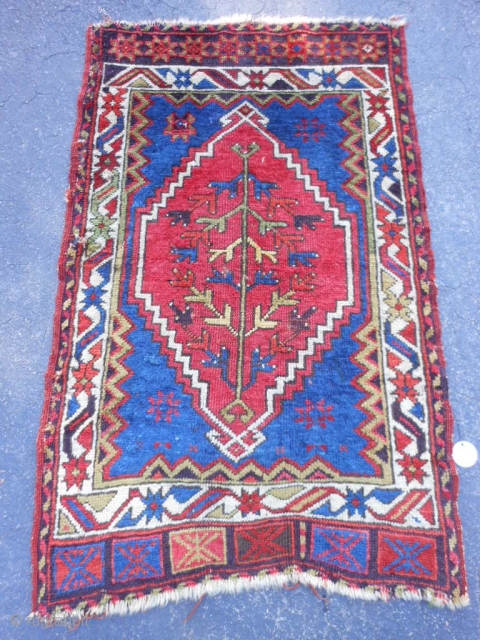 Turkish Bergamo Yastick, late 19th century, 2 x 3-3 (.61 x .99), rug was hand washed, floppy handle, good pile, browns browns oxidized, 6 small holes/tears on weak left edge, end loss  ...