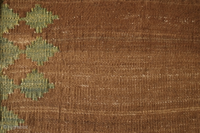 Qashqai small sofreh, 19th Century. Variegated camel wool ground and natural yellow-green in a reciprocating trefoil border motif, and red and blue in the nested fork soldat ends.  It would have  ...