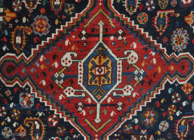 Qashqa'i possibly Shekarlu pole medallion rug, 19th century. Outstanding colors and condition with Herati motifs, botehs, Talish floral medallions and a striking border. 147 x 247 cm      