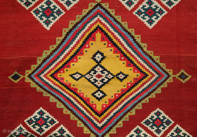 Qashqa'i Kilim, 4th quarter of 19th century. Very tight and fine weave. All natural dyes in saturated tones. a refined and wonderful composition. In great condition. 150 x 302 cm.
   