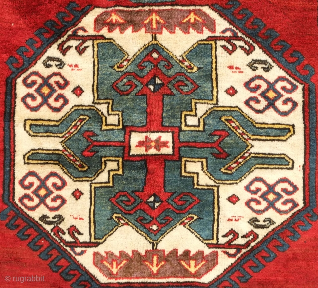 Lori Pambak Caucasian Rug, 19th century. Great condition. Initials on the top left read D R Q (Qaaf) if I am reading them correctly. The word on the top right possibly reads  ...