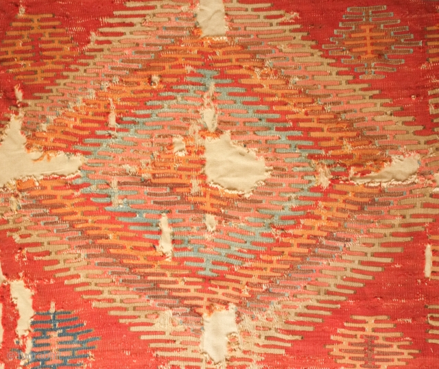 Sivrihisar or Afyon kilim, early 19th century or possibly earlier. Excellent colors. Mounted on linen.  145 x 248 cm, linen 162 x 265 cm.  Contact danauger@tribalgardenrugs.com     