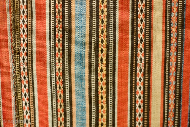 Shahsavan Silk Jajim, Late 19th century.  Very fine weave and good colors.  A couple small stains and a small section of darning.  Additional warp-float weaving in the patterened stripes.  ...