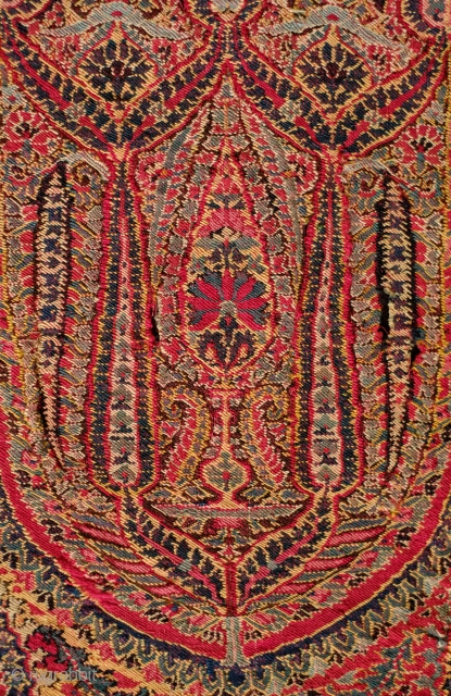 Kashmir Long Shawl End Panel, Fourth quarter of the 18th Century.  Has very good age. Extremely fine weaving, maybe of the finest group. It has a few small holes.  Still  ...