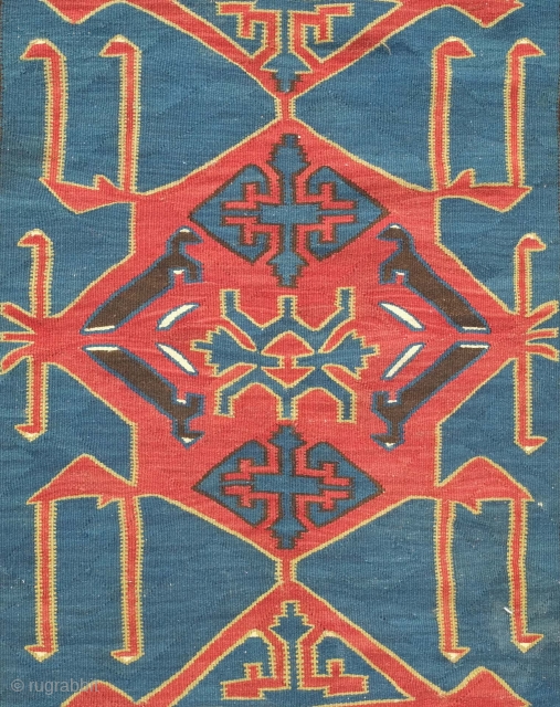 Avar Kilim, 19th century.  Evocative zoomorphic pendants framed by a simple border.  140 x 482 cm. Contact danauger@tribalgardenrugs.com             