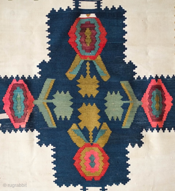 Karabagh Kilim, Late 19th century.  Finely woven, rich colors and wonderful border.  Cotton field with cross motifs in wool. 120 x 184 cm        