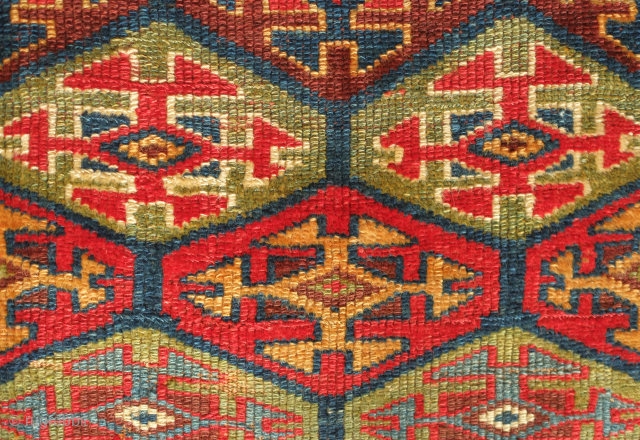 Sauj Bulak fragment, 19th century.  Absolutely fantastic saturated natural colors and silky soft wool. A mesmerizing piece even as it is. 111 x 183 cm       