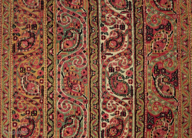 Mashhad Carpet, 3rd quarter of the 19th century. Kashmir shawl striped design.  Very fine weave. Mellow, subtle colors with a wonderful soft green.  156 x 267 cm.    