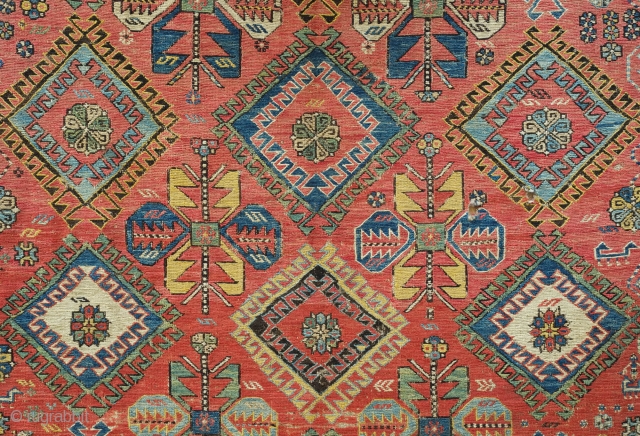 Daghestani Soumak, Mid-19th century, possibly earlier.  This wonderful old Caucasian soumak was made pre-1870s before chemical dyes were introduced into the area.  Fantastic colors and design with swastika motifs in  ...