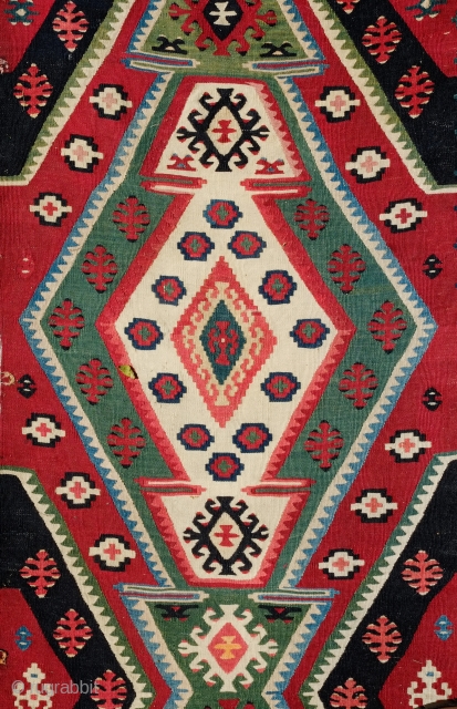 Balkan Kilim in a Rashwan Kurdish Design, Late 19th/Early 20th Century.  Very fine and tight weave.  Unusual and in great condition.  Great strong colors.  157 x 392 cm 