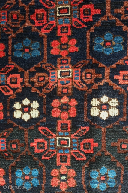 Baluch rug, 1890s or so.  Great mina khani design.  Wonderful green.  More colors than usual.  Soft wool and good pile.   134 x 242 cm   