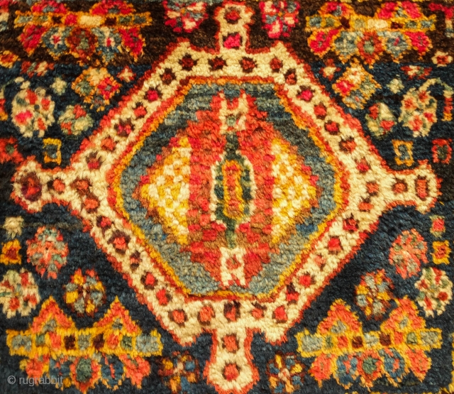 Kurdish bag face, Late 19th Century.  Possibly Lori as well.  Very soft wool.  Stunning colors in a wild, joyful variety.  Some yellow wefts.  Very saturated indigo ground.  ...