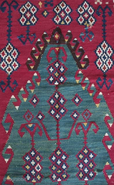 Erzurum Kilim, 19th century.  Excellent, saturated colors. Pomegranates on a blue-green field.  A couple nicks on the border and top right end.  98 x 183 cm    