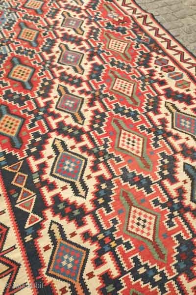 Kuba kilim, 19th century.  Wonderful graphic in diagonal orientation.  Good color balance.  Excellent condition.  176 x 330 cm           