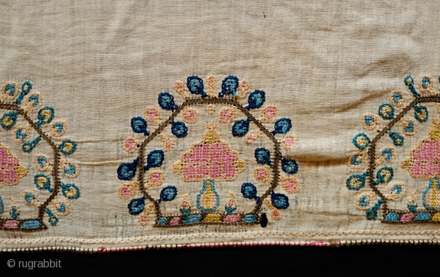 Greek or Western Anatolian Peshkir 19th Century.  Fine linen ground fabric.  Possible pomegranate design in yellow, pink and blue dyed silk and metallic thread.  Its squarish shape makes it  ...