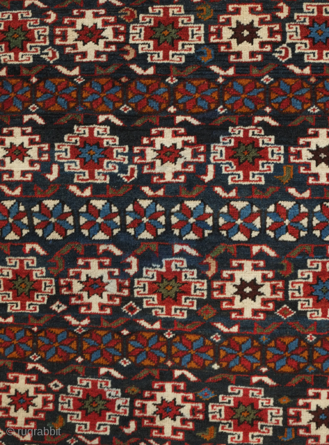 Chichi Caucasian rug, late 19th century.  This rug is in fantastic condition with only slight corrosion in the brown wool in the top end border. Velvety wool and good colors. 144  ...