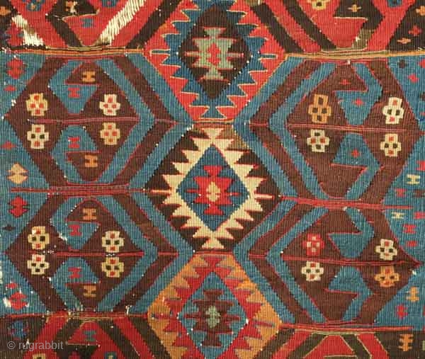 Kagizman kilim fragment. Probably first half of the 19th century.  Excellent colors, saturation and drawing. The deep apricot indicates excellent age.  Handspun cotton warps.  95 x 186 cm  