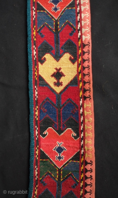 Lakai cross stitch embroidered silk belt in palmette motifs, 19th century.  Excellent colors and condition. 9 x 102 cm Contact danauger@tribalgardenrugs.com.           