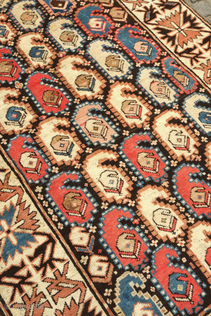 Karabagh or Genje Boteh rug, late 19th century or so.  Excellent silky soft wool with decent pile and wide calyx leaf border.  The black ground is rich and shiny.   ...