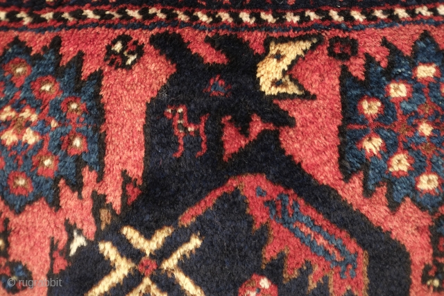 Afshar bag face. 1890-1910 or so.  Great and unusual animal figure. Looks like a kind of pheonix.  The wool is incredibly soft and the colors are all natural.  There  ...