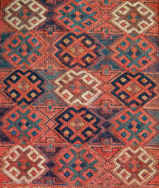 Shahsavan Kurdish Group Soumak Bag Face, Mid-19th Century.  In a less common diagonal weft-wrapping technique.  Excellent composition in a five medallion arrangement and a white highlighted border.   Some  ...