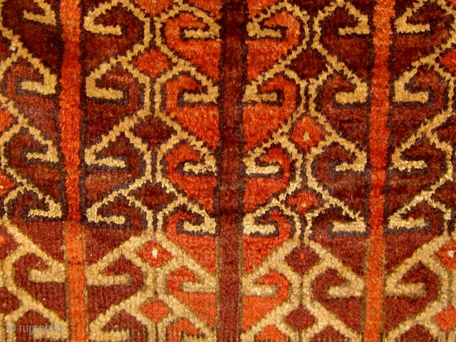 Lovely unusual antique Baluch large balisht or small rug, 1900 or before, all natural dyes, beautiful condition, with a design I have seen used as element of a larger composition before and  ...