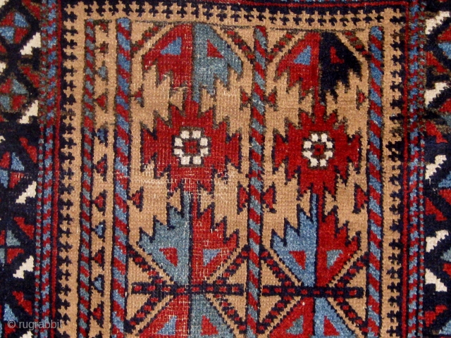 Lovely camel ground 19th century Baluch small rug, with beautiful shades of pale blue, blue-green, and darker blue, with strong graphics.  All natural  dyes, very floppy handle.  34" by  ...