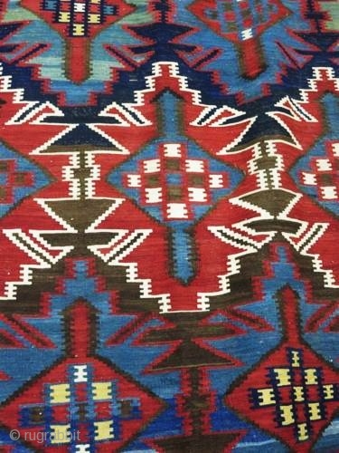 Antique Caucasian Kuba kilim, last quarter of the 19th century, very fine weave, all dyes appear natural, beautiful array of blue including a lovely blue-green, one small early reweave (last photo), 6'by  ...