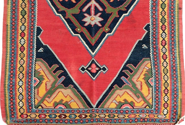 Antique Bidjar kilim runner, circa 1890-1900.  All natural dyes, including a beautiful yellow gold and green.  Birds in the central medallion.  Some old repairs. 46" by 180".   