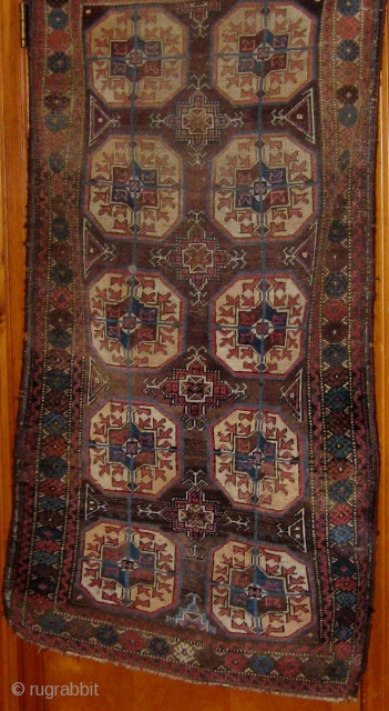 Antique Baluch (symmetrically knotted) carpet, beautiful light palette with pale blues, rose, violet, etc. in natural dyes.  1890-1900.  Generally good condition, with original edges, good pile in the lower half,  ...