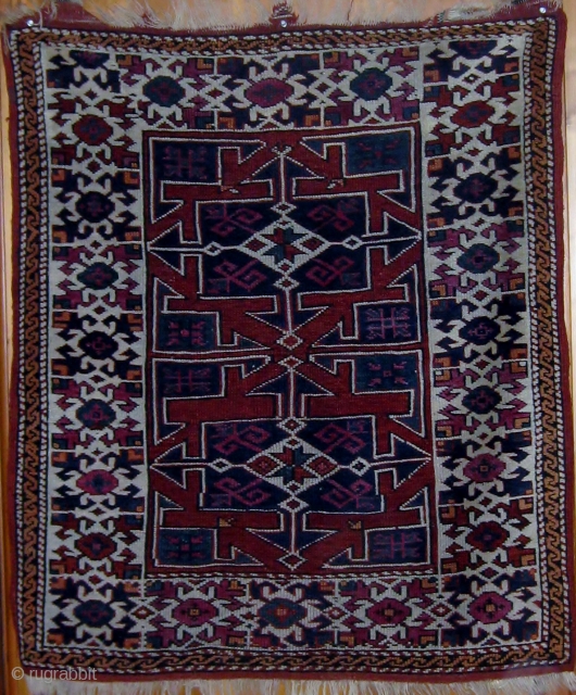 Antique Canakkale (Bergama area).  19th Century.  All natural dyes including cochineal.  Beautiful condition, with original ends and sides and medium to full pile all over.  43" by 37".  ...