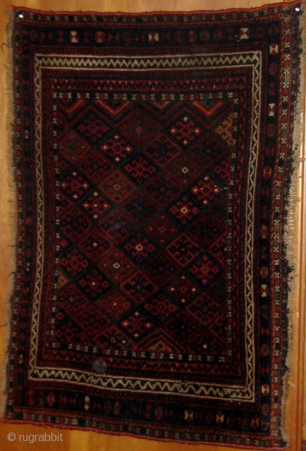 Large antique Jaf (Jaff) Kurdish bag front, circa 1890-1900, in fair condition with oxidation of browns, selvages recast, 28" by 45".  Please ask for additional photos.  (The circular spot in  ...