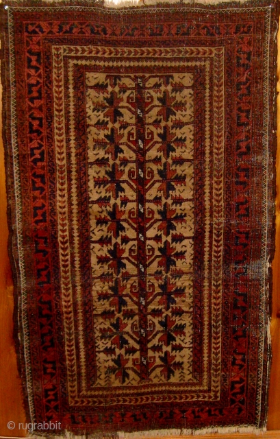 Antique small camel ground "tree of life" Baluch rug, 19th century, all dyes natural, some condition issues as seen in photos but still a very worthy weaving, 48" by 29". Please ask  ...