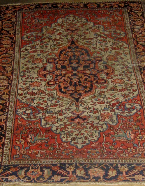 Antique Persian Feraghan, late nineteenth century, condition issues as shown.  Floppy, no dryness, beautiful colors.  50" by 76".  Please ask for additional photos.       